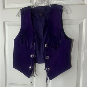 Vtg Rock Creek LEATHER Purple Fringe Vest with Silver Concho‎ Accents, Sz Large